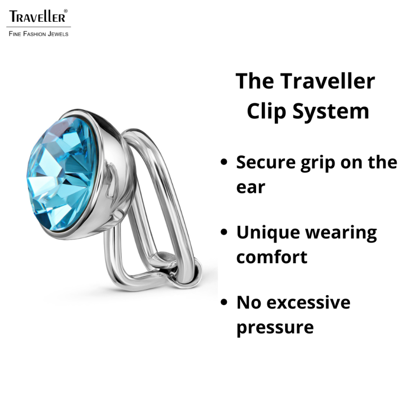 Traveller clip-on Earrings - Silver Coloured - Crystals - Blue Aquamarine - Platinum Plated - 10mm - 157511
