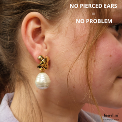 Traveller Drop Clip Earrings - Gold Plated - Baroque Pearl - 17x20mm - White - 40x15mm - 110648
