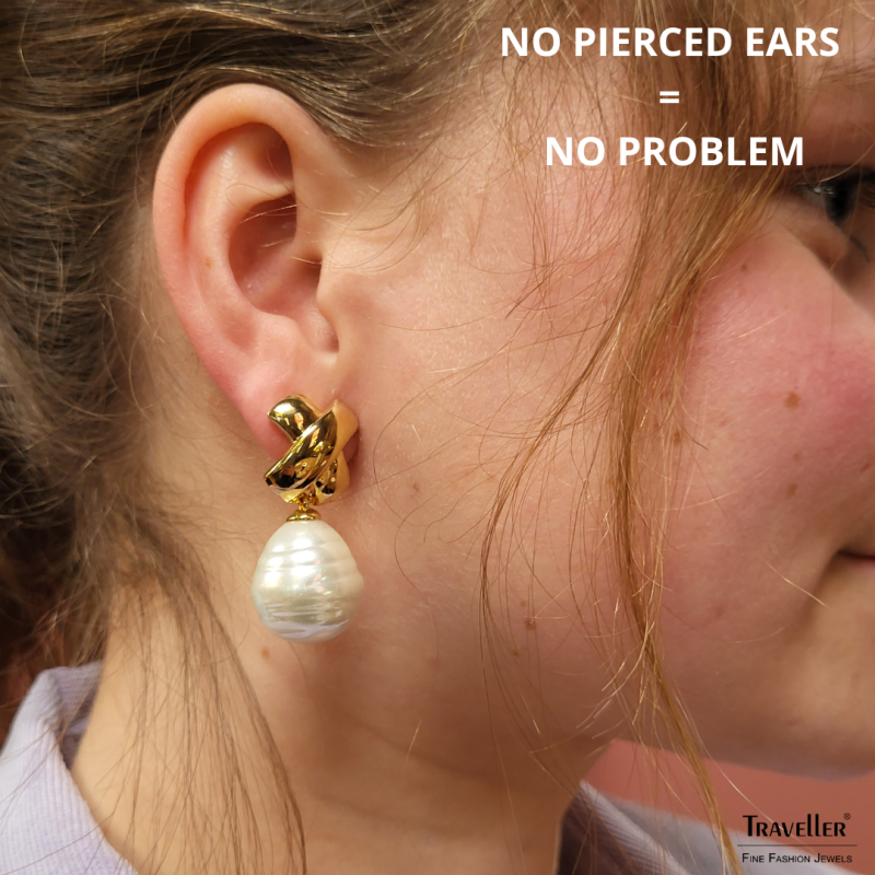 Traveller Drop Clip Earrings - Gold Plated - Baroque Pearl - 17x20mm - White - 40x15mm - 110648
