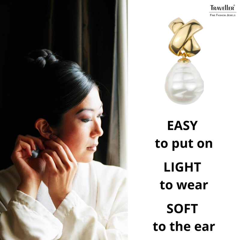 Traveller Drop Clip Earrings - Gold Plated - Baroque Pearl - 17x20mm - White - 40x15mm - 110648
