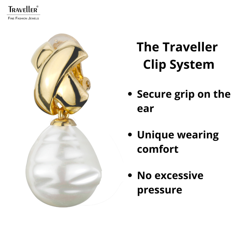 Traveller Drop Clip Earrings - Gold Plated - Baroque Pearl - 17x20mm - White - 40x15mm - 110648
