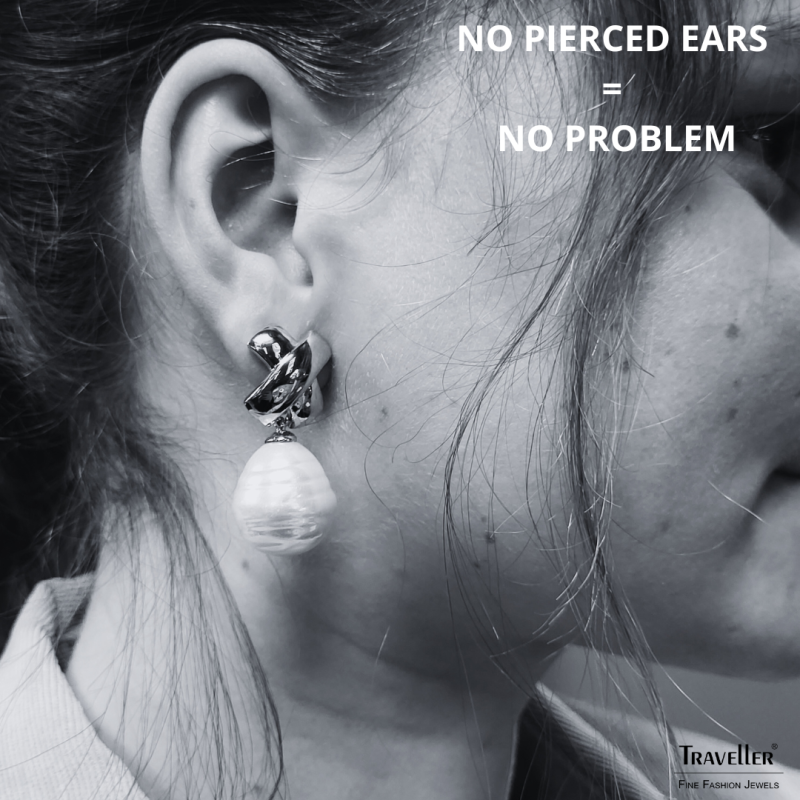 Traveller Drop Clip Earrings - Silver Coloured - Baroque Pearl - 17x20mm - White - Platinum Plated - 40x15mm - 110649
