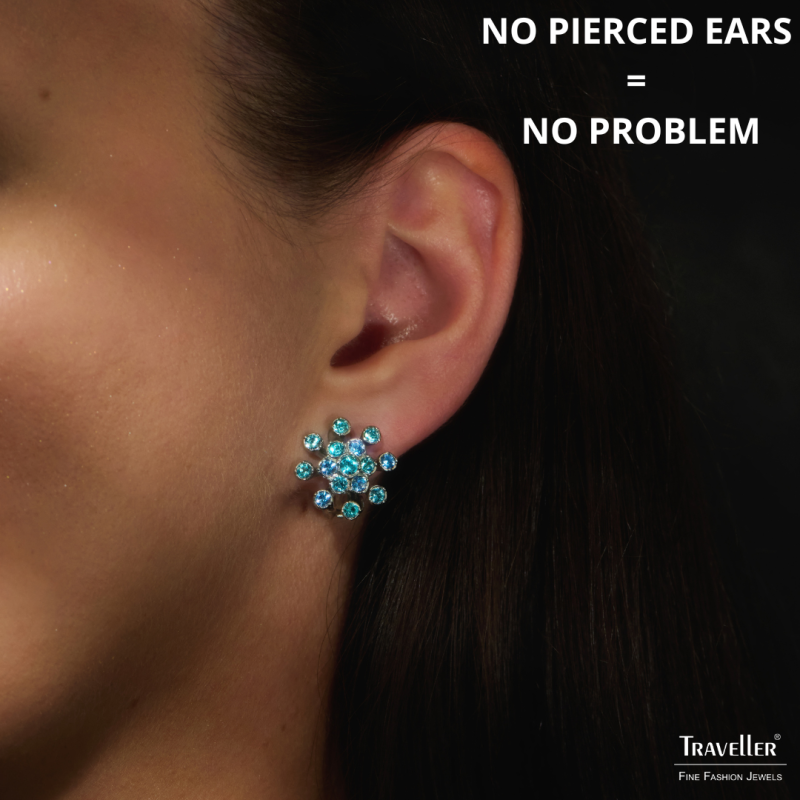 Traveller Clip-on Earrings - Silver Coloured - Crystals - Blue - Flower - Platinum Plated - 17mm - 157547
