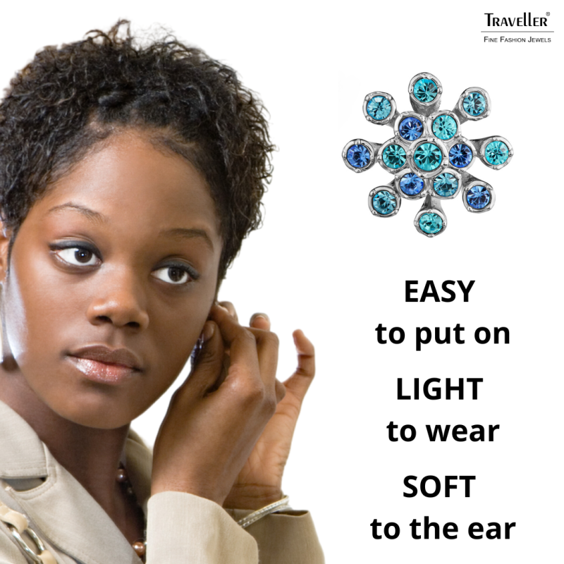 Traveller Clip-on Earrings - Silver Coloured - Crystals - Blue - Flower - Platinum Plated - 17mm - 157547
