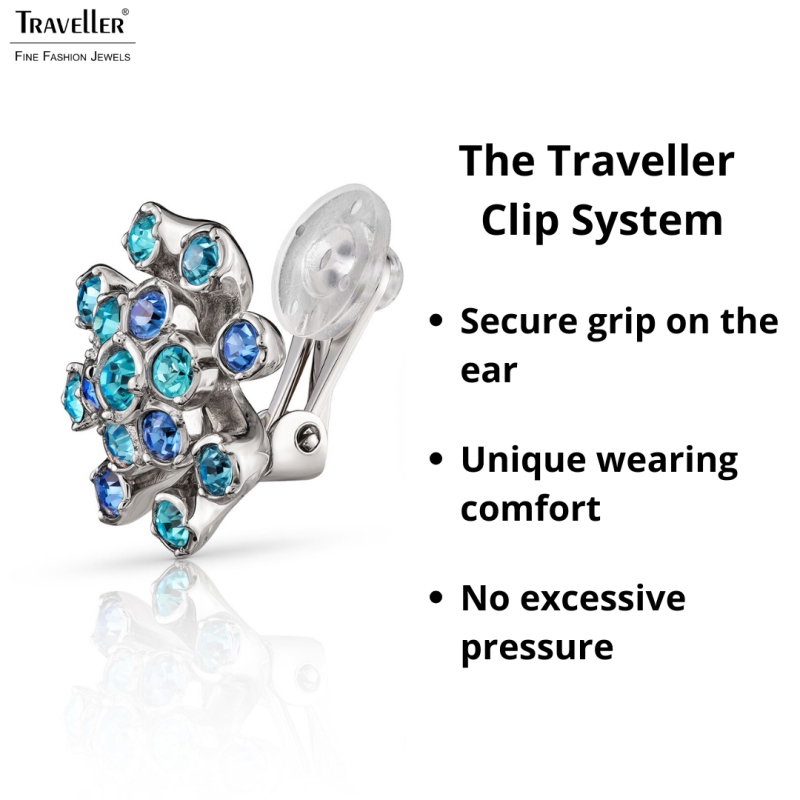 Traveller Clip-on Earrings - Silver Coloured - Crystals - Blue - Flower - Platinum Plated - 17mm - 157547
