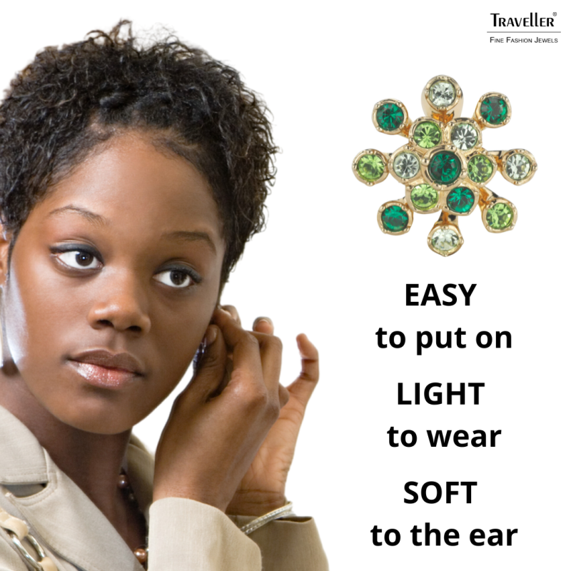 Traveller Clip-on Earrings - Gold Plated - Crystals - Green - 17 mm - 157548