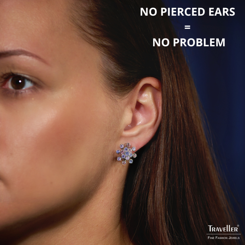 Traveller Clip-on Earrings - Silver Coloured - Crystals  - Violet / Purple - Flower - Platinum Plated - 17 mm - 157549