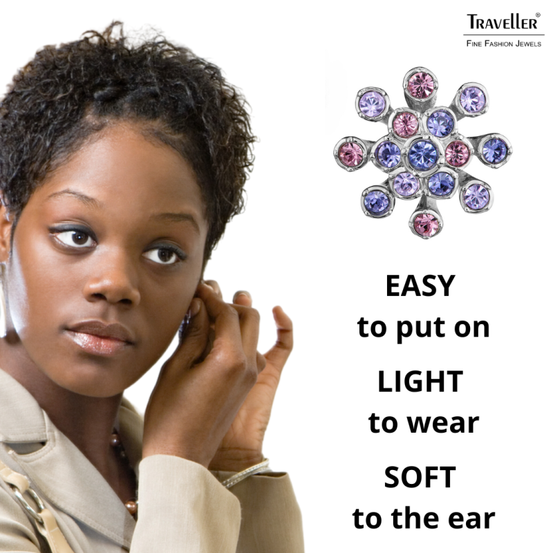 Traveller Clip-on Earrings - Silver Coloured - Crystals  - Violet / Purple - Flower - Platinum Plated - 17 mm - 157549