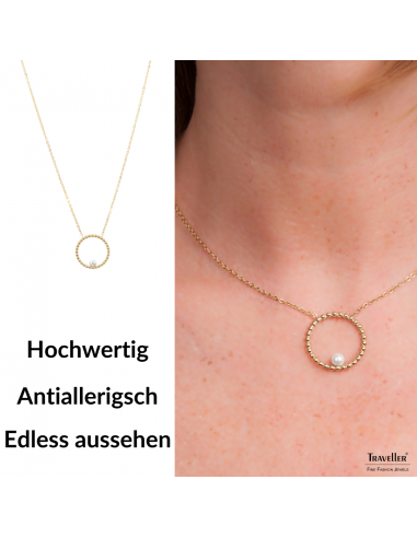 Traveller Collier - Edelstahl - Vergoldet - Süßwasser Perle - 4 mm - Anhänger 25 mm - 45+5 cm - 181235