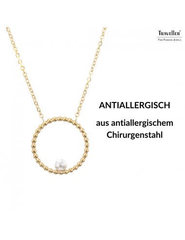 Traveller Collier - Edelstahl - Vergoldet - Süßwasser Perle - 4 mm - Anhänger 25 mm - 45+5 cm - 181235
