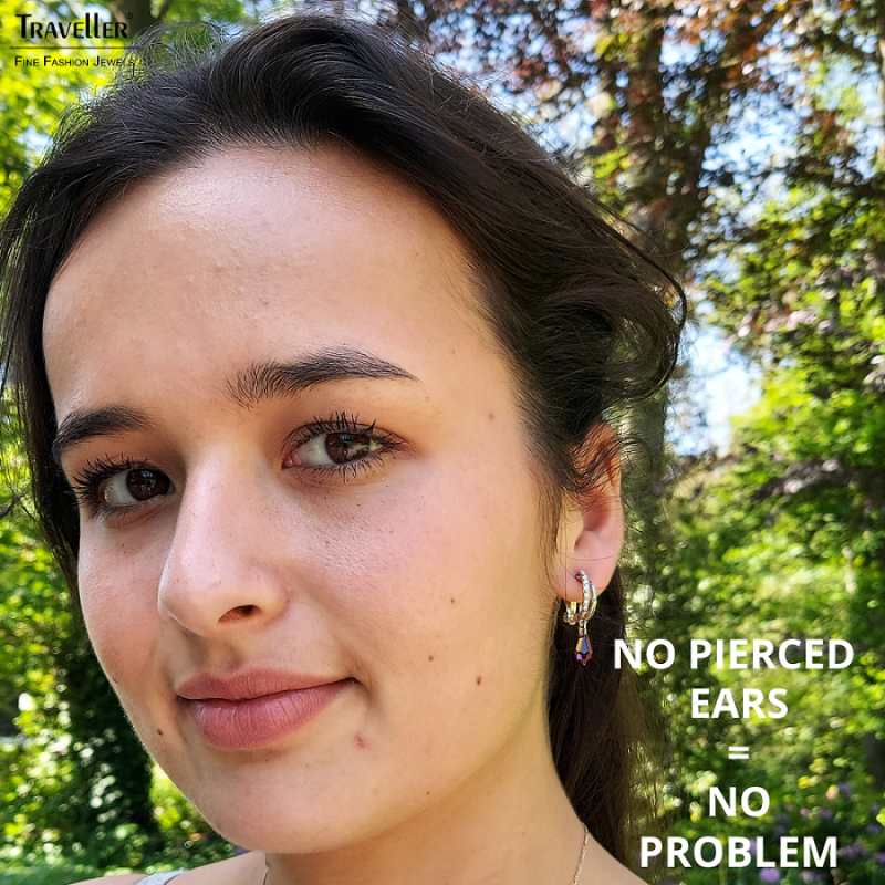 Traveller Drop Clip Earrings - Silver Coloured - Crystals - Teardrop - Violet - Platinum plated - 30x5mm - 157568
