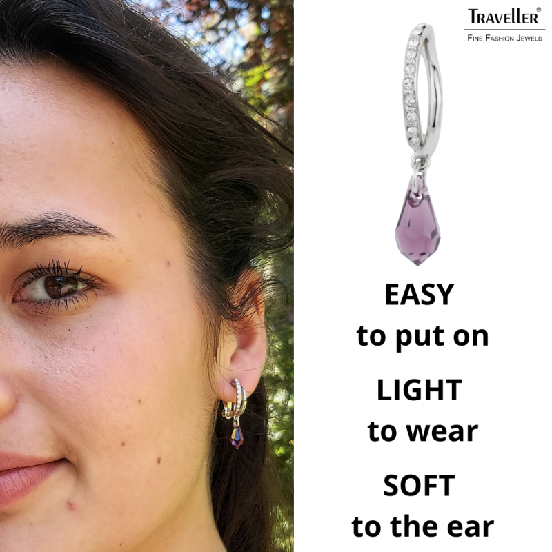 Traveller Drop Clip Earrings - Silver Coloured - Crystals - Teardrop - Violet - Platinum plated - 30x5mm - 157568
