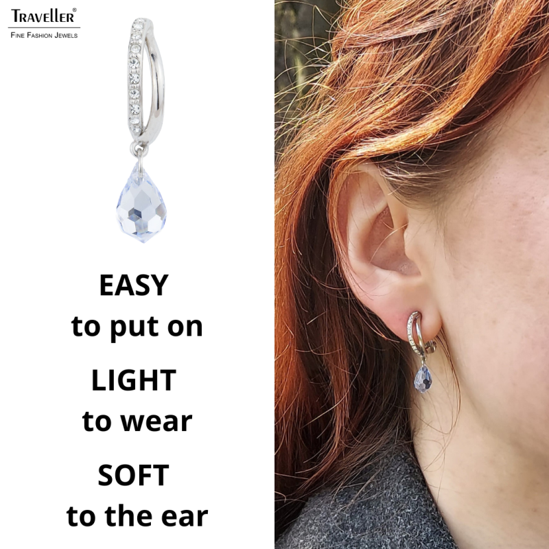 Traveller Drop Clip Earrings - Platinum Plated - Crystals - Teardrop - Light Blue / Sapphire - 30x5mm - 157570
