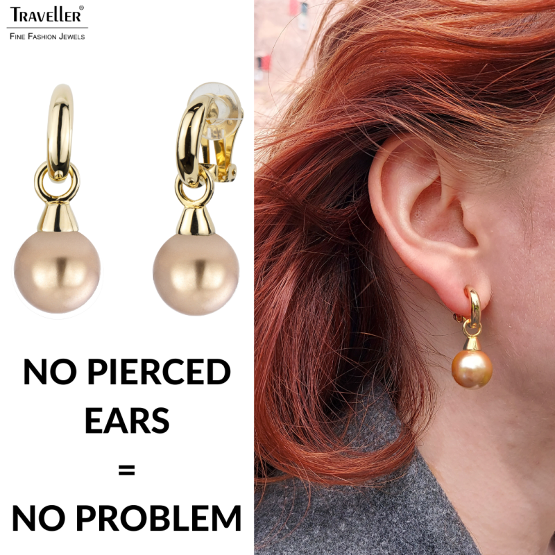 Traveller Drop Clip Earrings - Gold Plated - Pearls - 14mm -  Bronze - 35x15mm - 114246