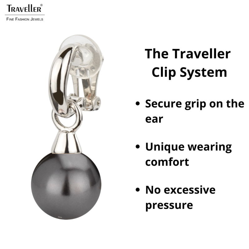 Traveller Drop Clip Earrings - Silver Coloured - Pearls - 14mm - Black - Platinum Plated - 35x15mm - 114247
