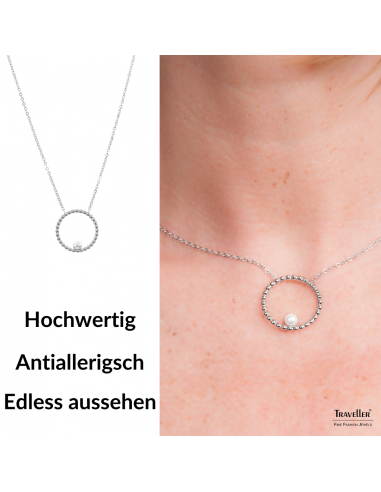 Traveller Collier - Edelstahl - Silberfarben - Süßwasser Perle - 4 mm - Anhänger 25mm - 45+5 cm - 181236
