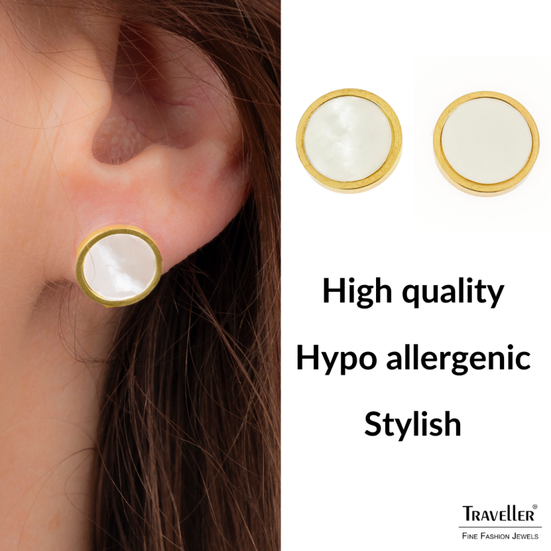 Traveller Earrings - Stainless Steel - Gold Plated - Mother of Pearl - Ø 12mm - 181257