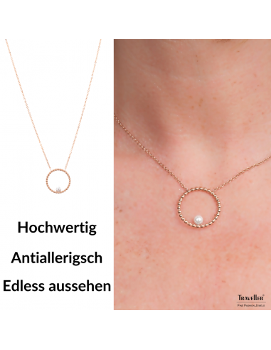 Traveller Collier - Edelstahl - Rosé Vergoldet - Süßwasser Perle - 4mm - Anhänger 25mm - 45+5cm - 181237