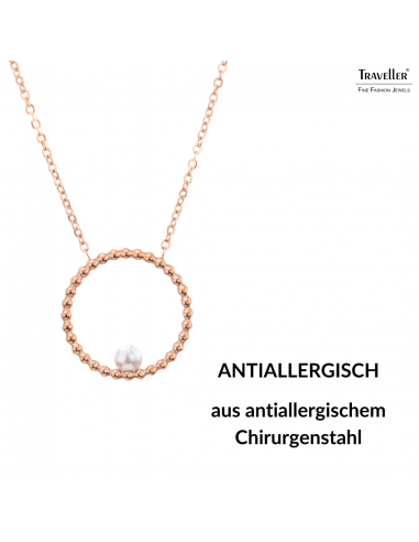 Traveller Collier - Edelstahl - Rosé Vergoldet - Süßwasser Perle - 4mm - Anhänger 25mm - 45+5cm - 181237