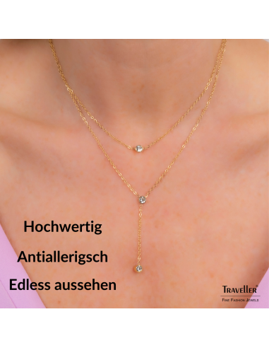 Traveller Collier - Edelstahl - Vergoldet - Zirkonia - 2 Reihen - 38-42cm - 181238