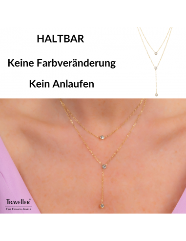 Traveller Collier - Edelstahl - Vergoldet - Zirkonia - 2 Reihen - 38-42cm - 181238