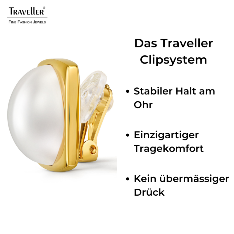 Traveller Ohrclips - Vergoldet - Halbe Perle - 16mm - Weiß - 18x18mm - 114354