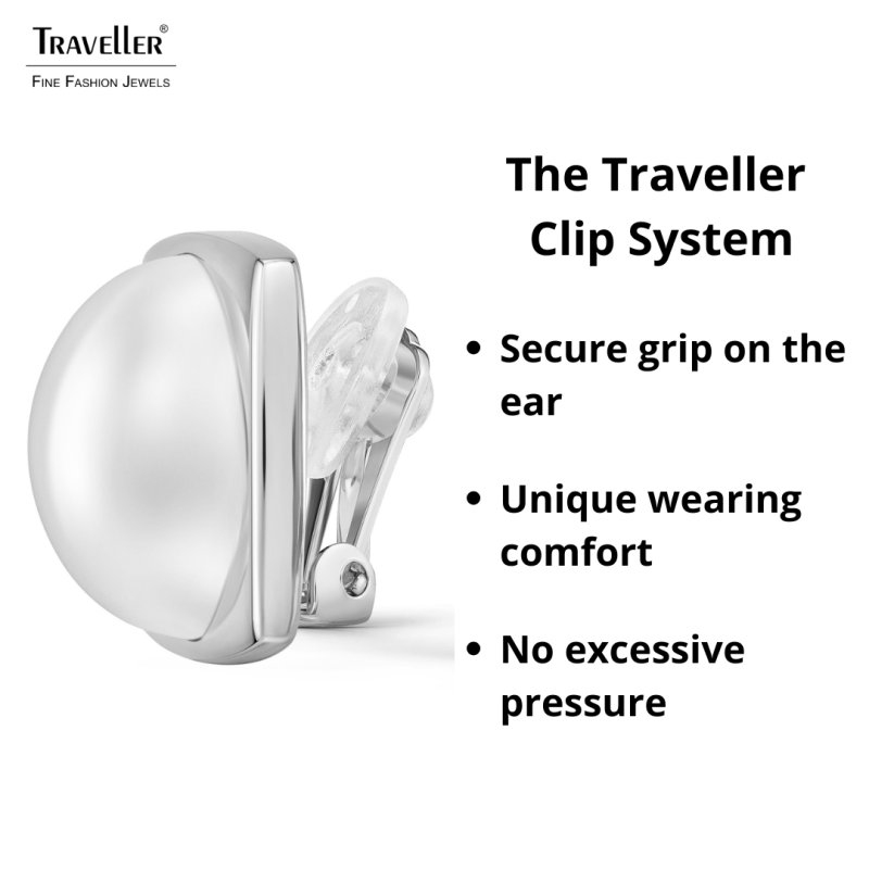 Traveller Clip-on Earrings - Silver Coloured - Half Pearls - 16mm - White - Platinum Plated - 18x18mm - 114355