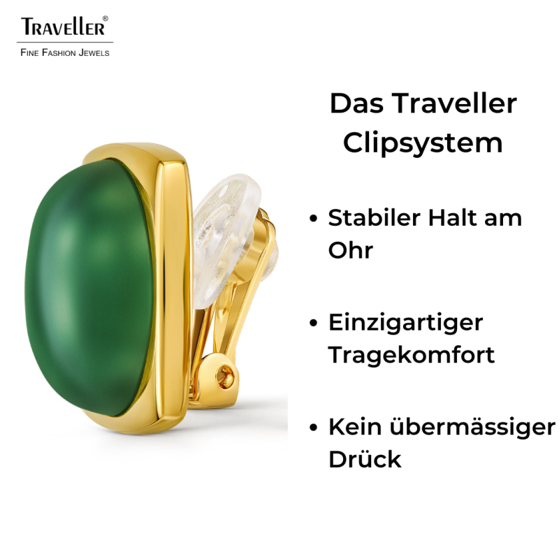 Traveller Ohrclips - Vergoldet - Aventurin Edelstein -16mm - Grün - 18x18mm - 114356
