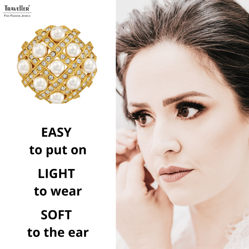 Traveller Clip-on Earrings - Gold Plated - Pearls - 4mm - White - Crystals - 22x22mm - 114357