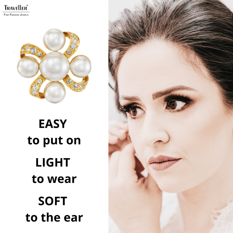 Traveller Clip-on Earrings - Gold Plated - Pearls - 8 & 6 mm - White - Crystals - 20x20mm - 114359