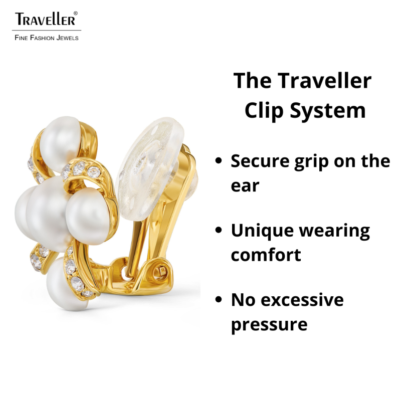 Traveller Clip-on Earrings - Gold Plated - Pearls - 8 & 6 mm - White - Crystals - 20x20mm - 114359