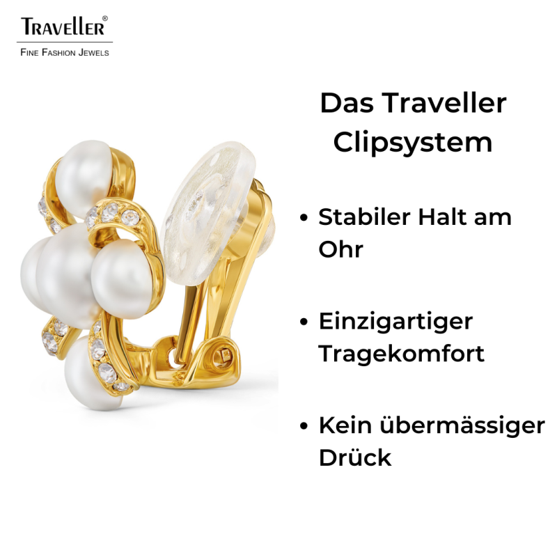 Traveller Ohrclips - Vergoldet - Perle - 8 & 6 mm - Weiß - Kristalle - 20x20mm - 114359