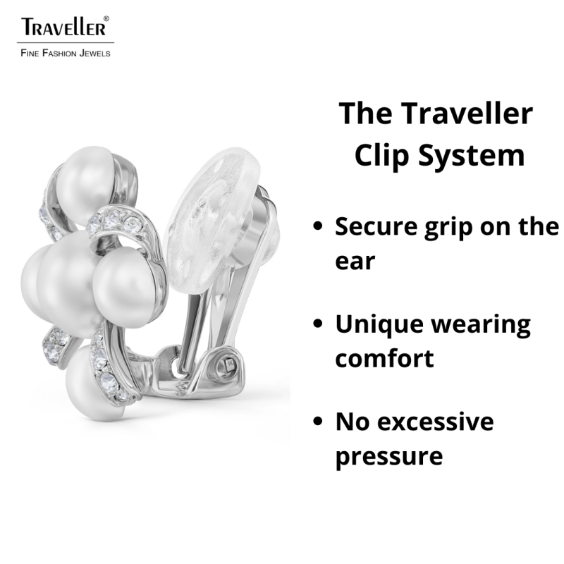 Traveller Clip-on Earrings - Silver Coloured - Pearls - 8&6mm - White - Crystals - Platinum Plated - 20x20mm - 114360