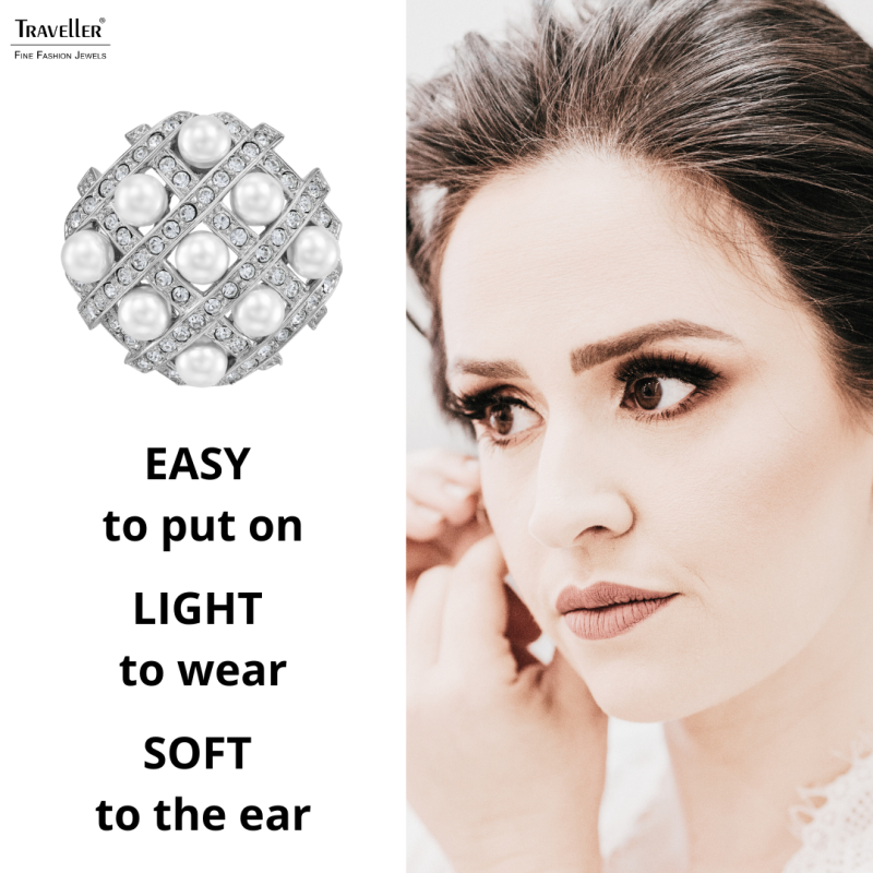 Traveller Clip-on Earrings - Silver Coloured - Pearls - 4mm - White - Crystals - Platinum Plated - 22x22mm - 114358