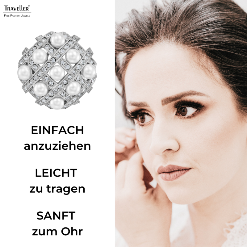 Traveller Ohrclips - Silberfarben - Perle - 4mm - Weiß - Kristalle - Platiniert - 22x22mm - 114358