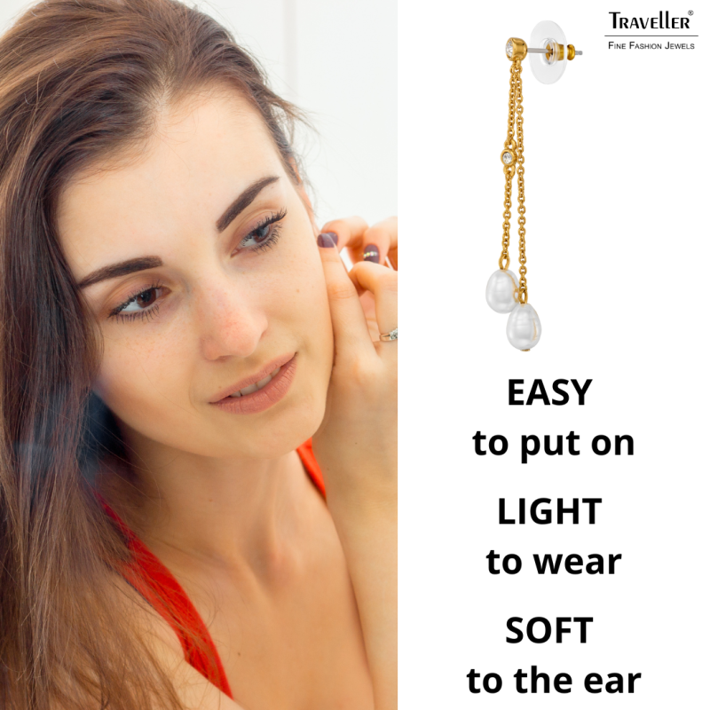 Traveller Drop Earrings - Gold Plated - Baroque Pearls - 8x6mm - White - Crystal - 55x6mm - 114361