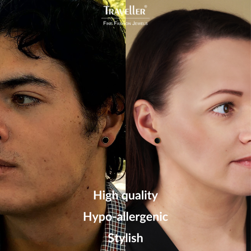 Traveller Stud Earrings - Stainless Steel - Gold Plated - Black PVD - Round - 8mm - 181319