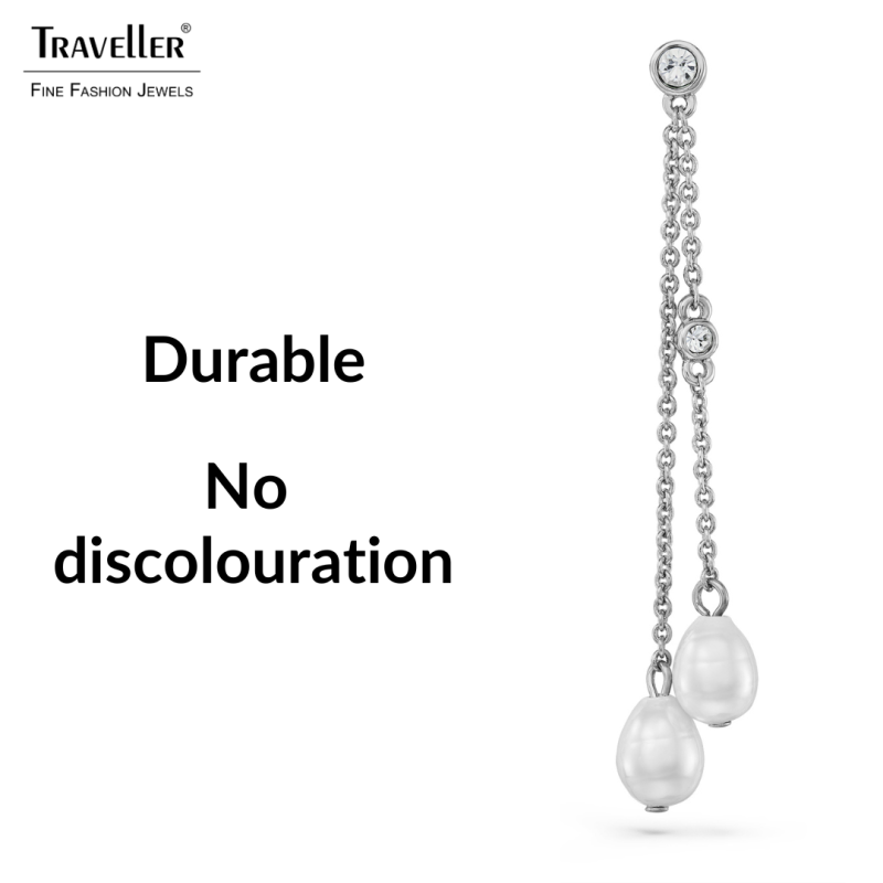 Traveller Drop Earrings - Silver Coloured - Baroque Pearls - 8x6mm - White - Crystals - Platinum Plated - 55x6mm - 114362