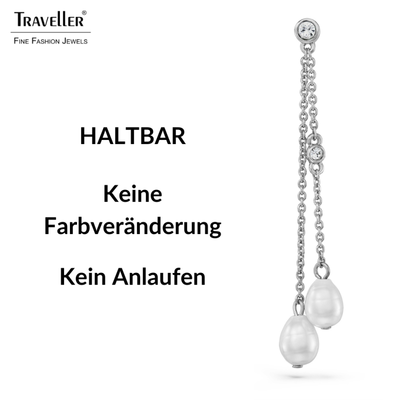 Traveller Ohrhänger - Silberfarben - Barock Perle - 8x6mm - Weiß - Kristalle - Platiniert - 55x6mm - 114362