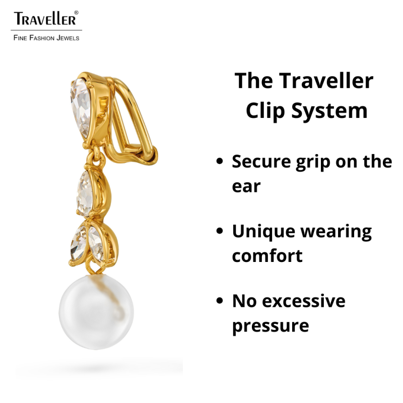 Traveller Clip-on Earrings - Drop Earrings - Gold Plated - Pearls - 10mm - White - Crystals - 35x10mm - 114363