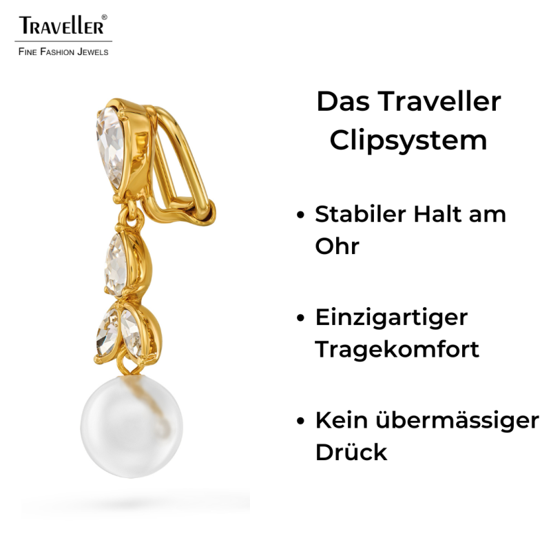 Traveller Ohrclips - Hänger - Vergoldet - Perle - 10mm - Weiß - Kristalle - 35x10mm - 114363