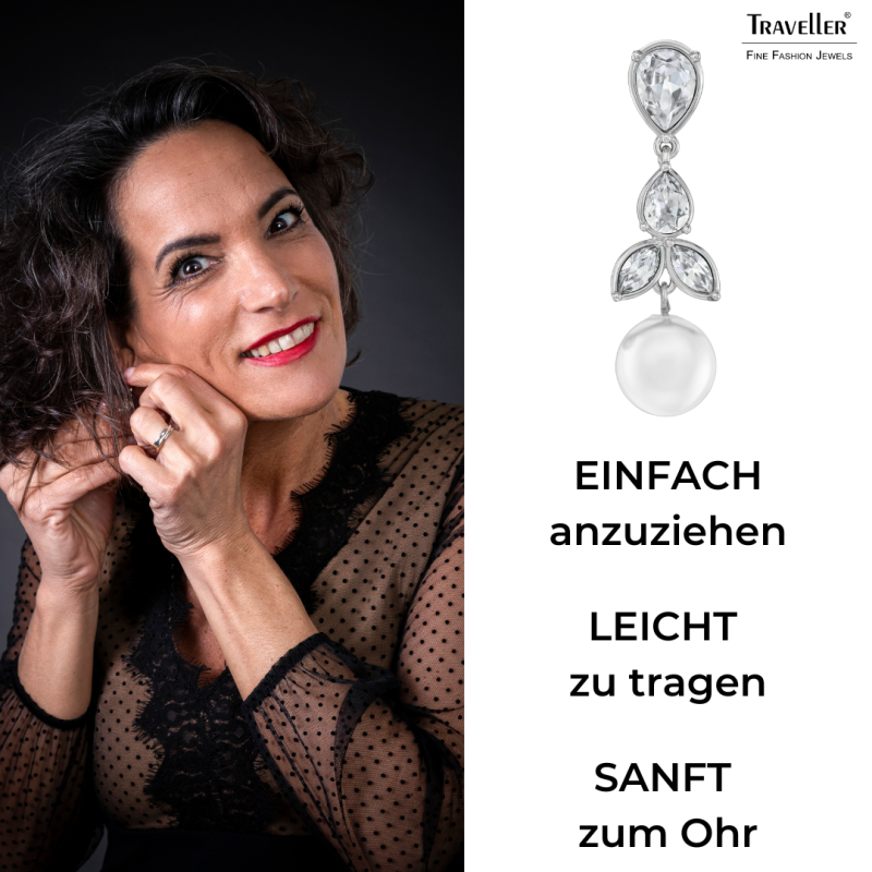 Traveller Ohrclips - Hänger - Silberfarben - Perle - 10mm - Weiß - Kristalle - Platiniert - 35x10mm - 114364