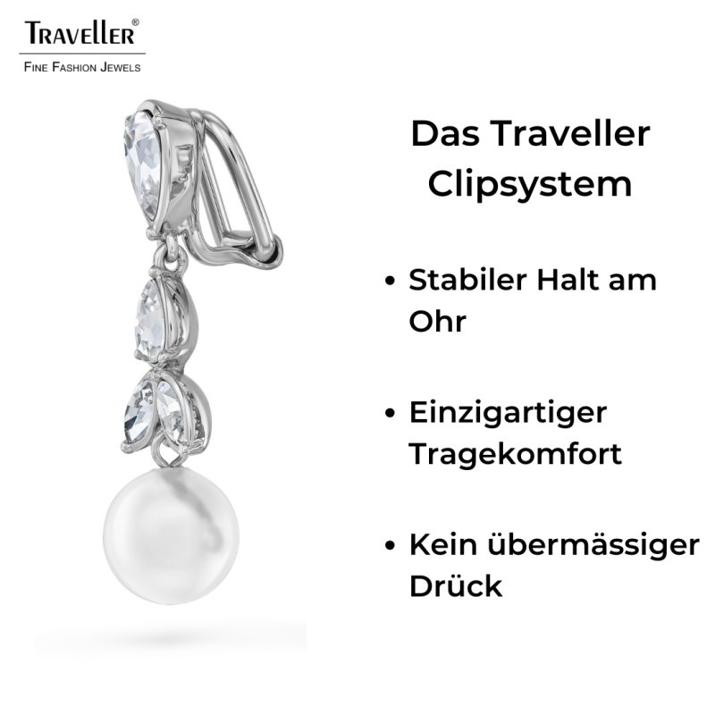 Traveller Ohrclips - Hänger - Silberfarben - Perle - 10mm - Weiß - Kristalle - Platiniert - 35x10mm - 114364