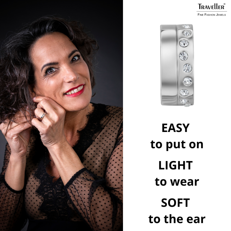 Traveller Clip-on Earrings - Hoops - Silver Coloured - Crystals - Platinum Plated - 15x6mm - 157821