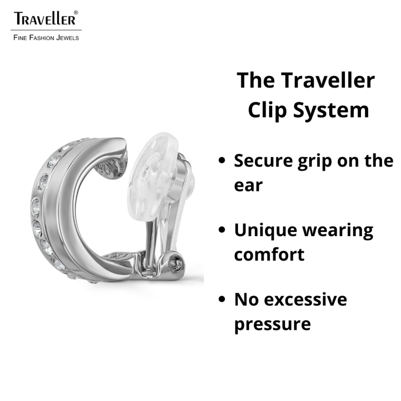 Traveller Clip-on Earrings - Hoops - Silver Coloured - Crystals - Platinum Plated - 15x6mm - 157821