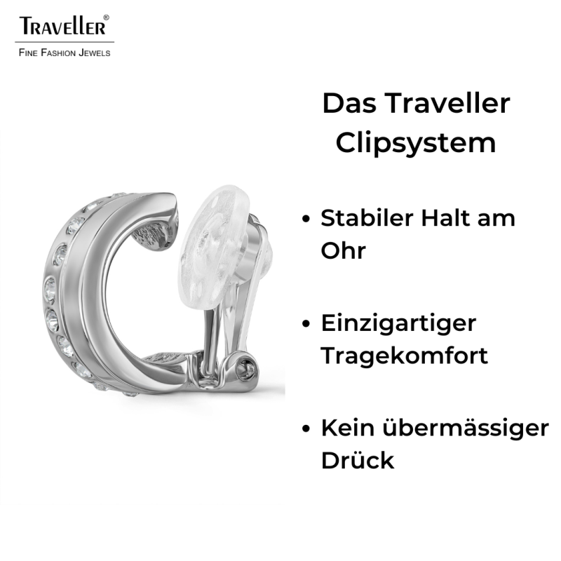 Traveller Ohrclips - Creolen - Silberfarben - Kristalle - Platiniert - 15x6mm - 157821