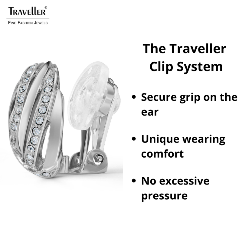 Traveller Clip-on Earrings - Silver Coloured - Crystals - Platinum Plated - 20mm - 157827