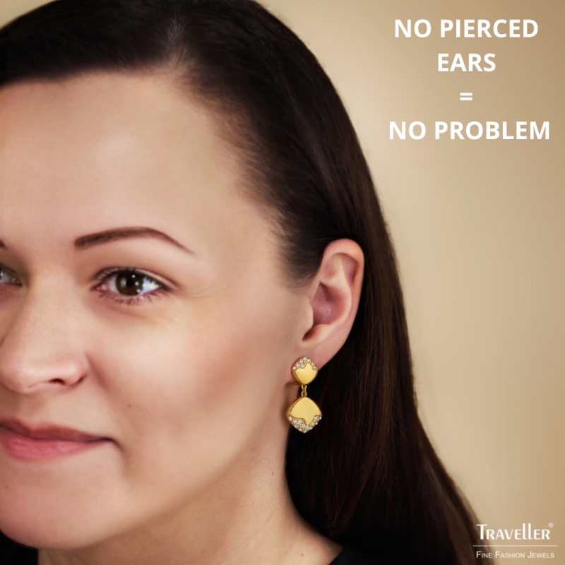 Traveller Clip-on Earrings - Drop Earrings - Gold Plated - Crystals - Square - 30x15mm - 157828