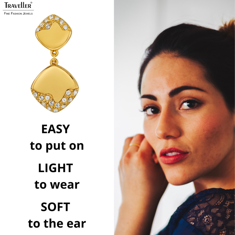 Traveller Clip-on Earrings - Drop Earrings - Gold Plated - Crystals - Square - 30x15mm - 157828