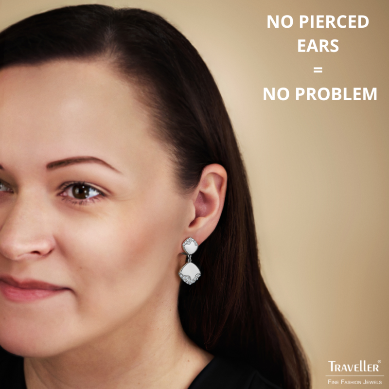 Traveller Clip-on Earrings - Drop Earrings - Silver Coloured - Crystals - Square - Platinum Plated - 30x15mm - 157829